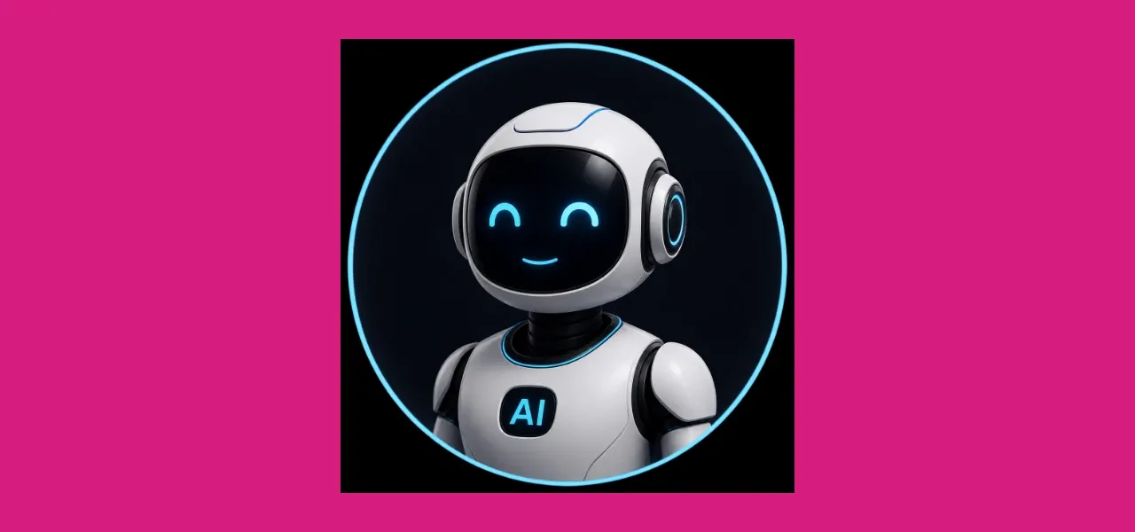 Ilustracija AI Agenta: nasmiješeni robot sa slušalicama na ružičastoj podlozi