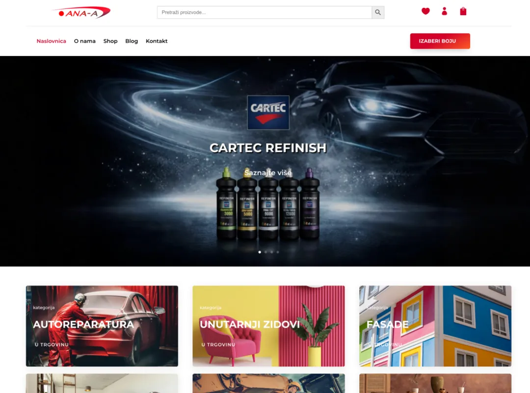 Naslovnica web shopa Ana-a: istaknuti proizvodi Cartec Refinish i kategorije autoreparatura, unutarnji zidovi i fasade