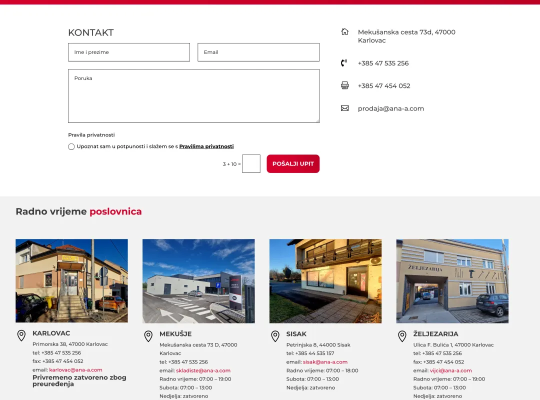 Kontakt stranica Ana-a: obrazac za upit i radno vrijeme četiriju poslovnica s fotografijama