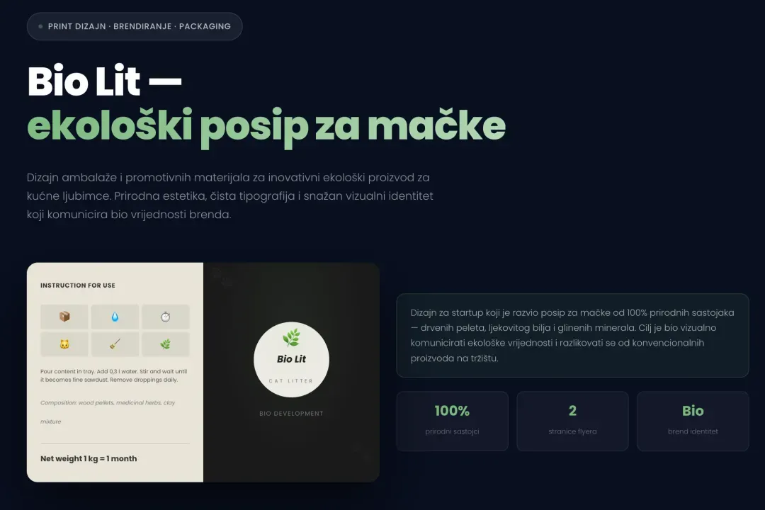 Prezentacija projekta Bio Lit – ekološki posip za mačke: logotip, upute za korištenje i ključne brojke