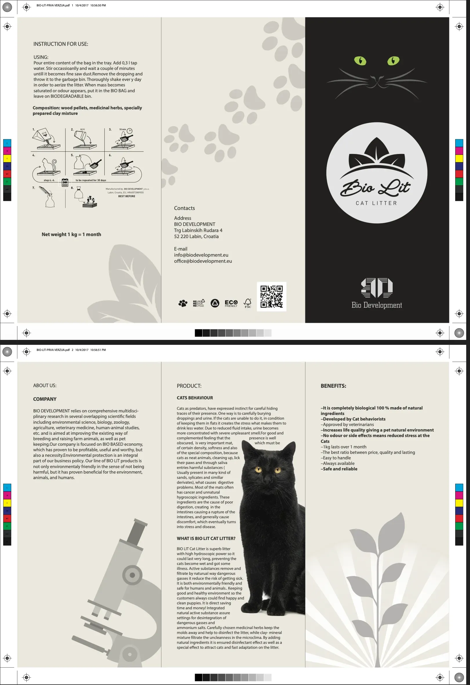 Trodijelna brošura Bio Lit pripremljena za tisak: ilustrirane upute, logotip i fotografija mačke