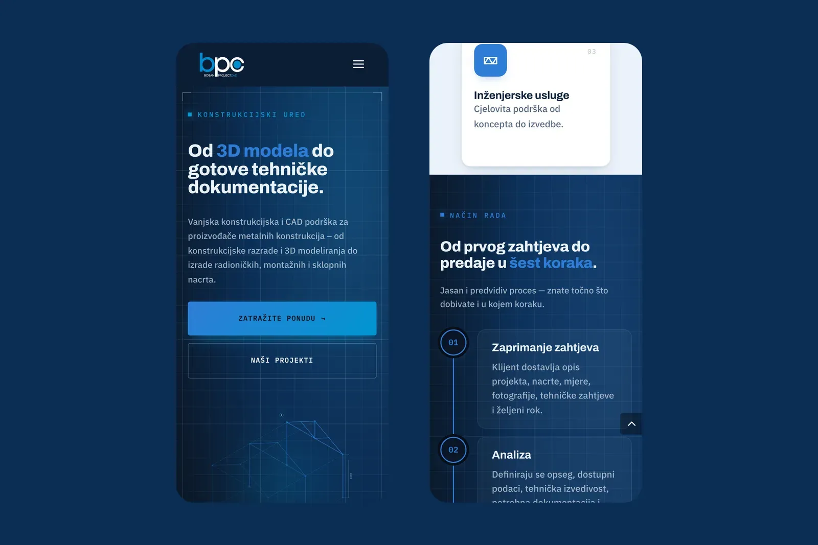 bpc.hr na mobitelu: naslovnica s gumbima „Zatražite ponudu” i „Naši projekti” te odjeljak Način rada s koracima jedan ispod drugog