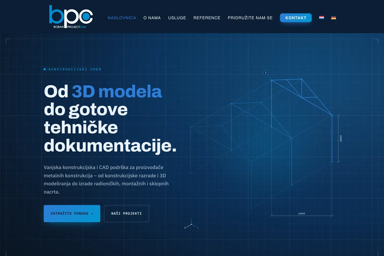 Naslovnica web stranice bpc.hr: naslov „Od 3D modela do gotove tehničke dokumentacije” na tamnoplavoj tehničkoj mreži, uz linijski crtež metalne konstrukcije s kotama