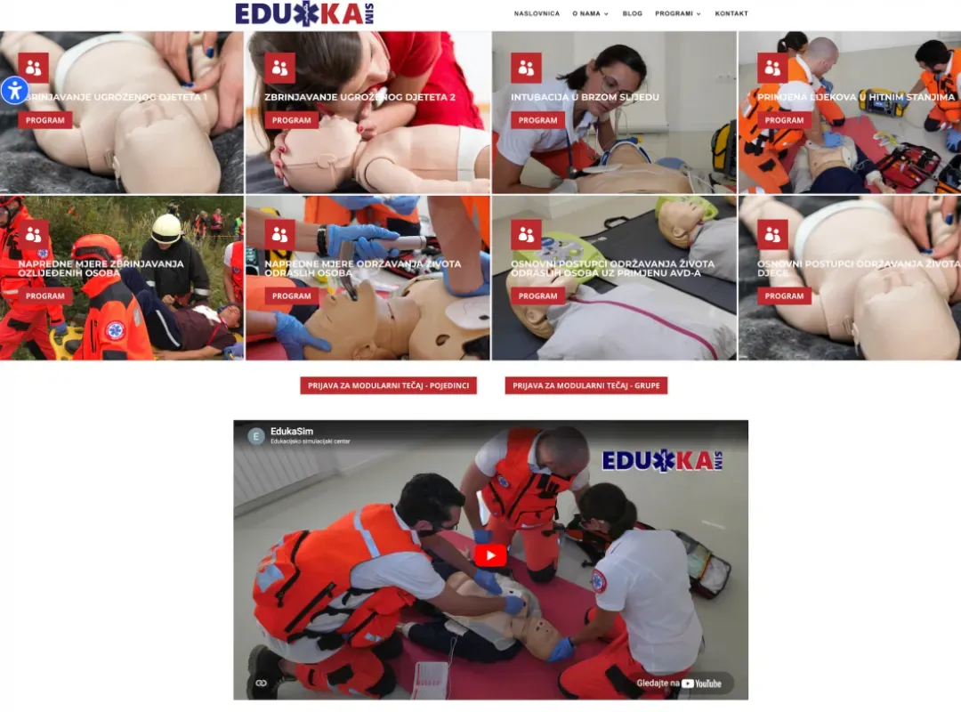 Web stranica EdukaSim: mreža programa edukacije s fotografijama vježbi oživljavanja i video s terena
