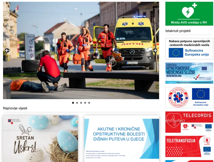 Naslovnica web stranice HZHM: klizač s timom hitne pomoći, najnovije vijesti i istaknuti EU projekti