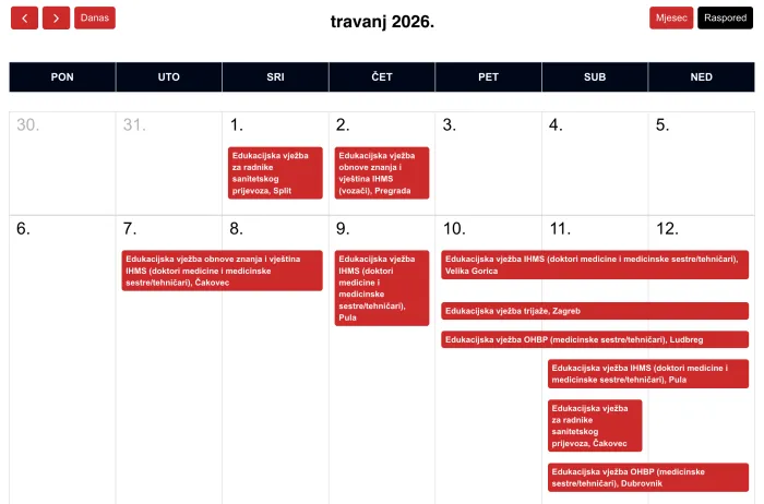 Kalendar edukacija na web stranici HZHM: mjesečni prikaz s nadolazećim vježbama i tečajevima