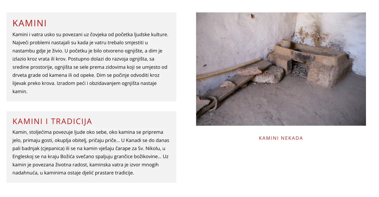 Kamin keramika Šimičak: odjeljak „Kamini i tradicija” sa starom fotografijom ognjišta