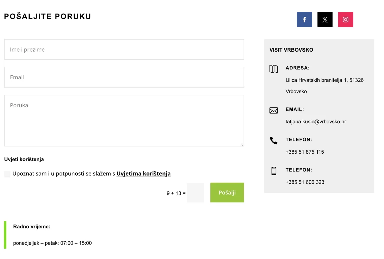 Visit Vrbovsko: kontakt obrazac s adresom, e-mailom, telefonima i radnim vremenom