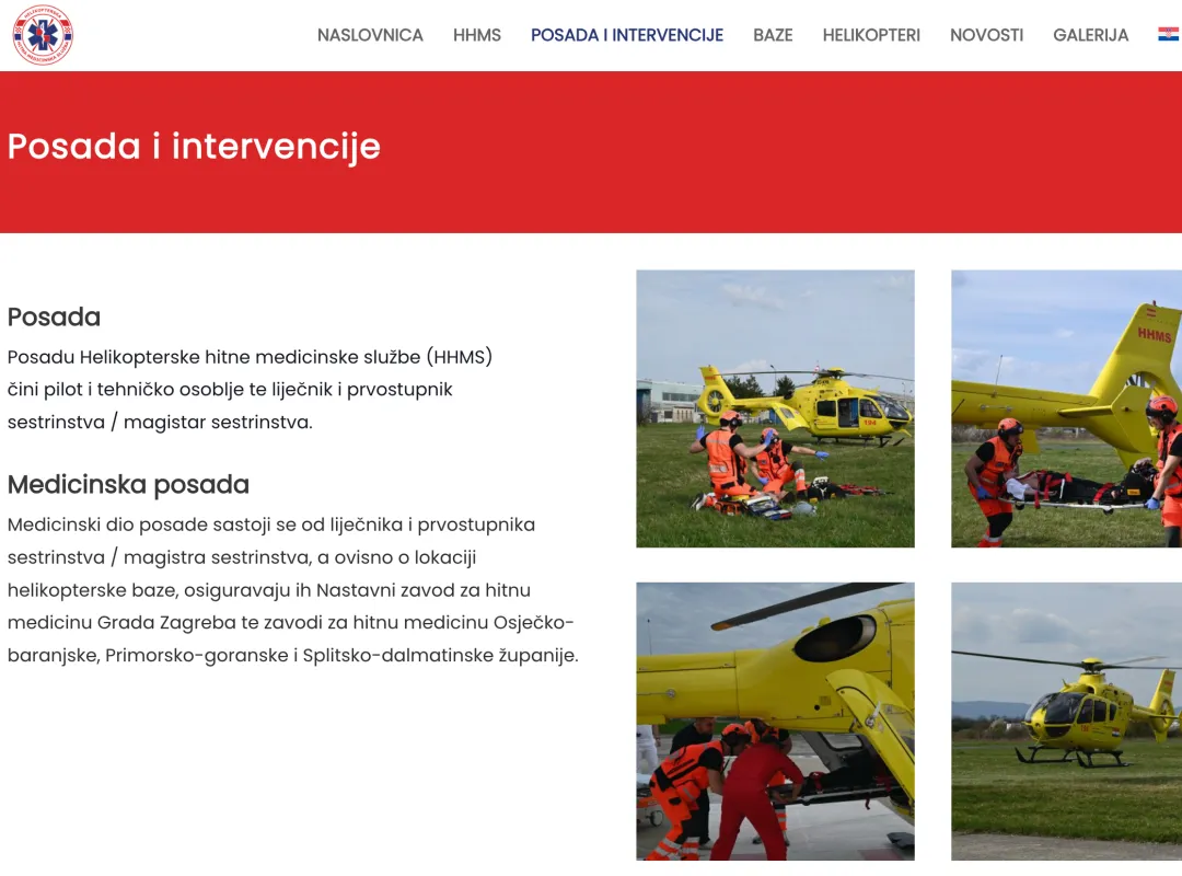 Stranica „Posada i intervencije” na web stranici HHMS s opisom posade i fotografijama helikoptera
