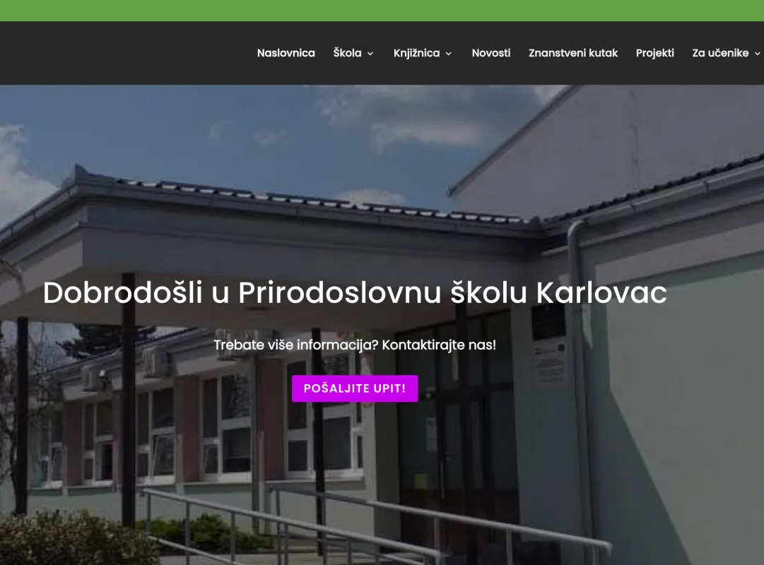 Naslovnica web stranice Prirodoslovne škole Karlovac s fotografijom školske zgrade