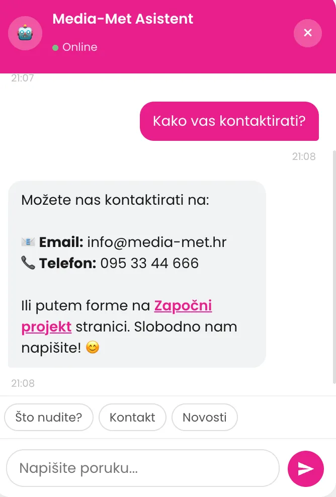 AI Agent u razgovoru: odgovor s e-mail adresom i telefonom za kontakt