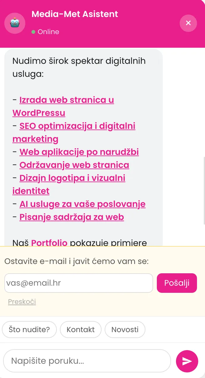 AI Agent u razgovoru: popis usluga s poveznicama i polje za ostavljanje e-mail adrese