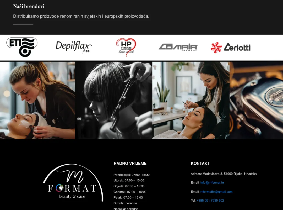 M-Format: istaknuti brendovi koje tvrtka distribuira, fotografije iz salona i podnožje s kontaktima