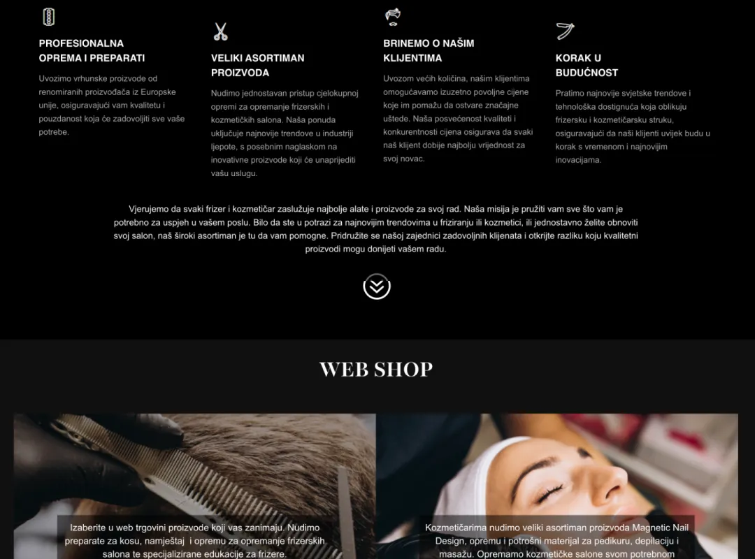 M-Format: odjeljak o tvrtki i ulaz u web shop s fotografijama iz frizerskog salona