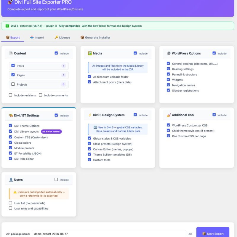 Divi Full Site Exporter PRO