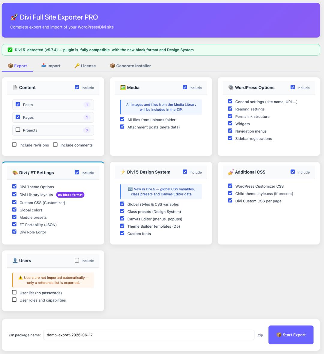 Divi Full Site Exporter PRO